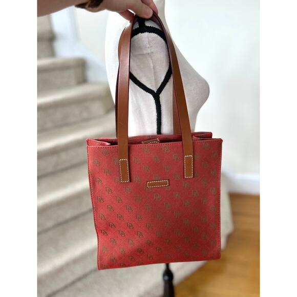 Dooney & Bourke Red & Brown Logo Print Canvas & Leather Shoulder Tote - Picture 1 of 8